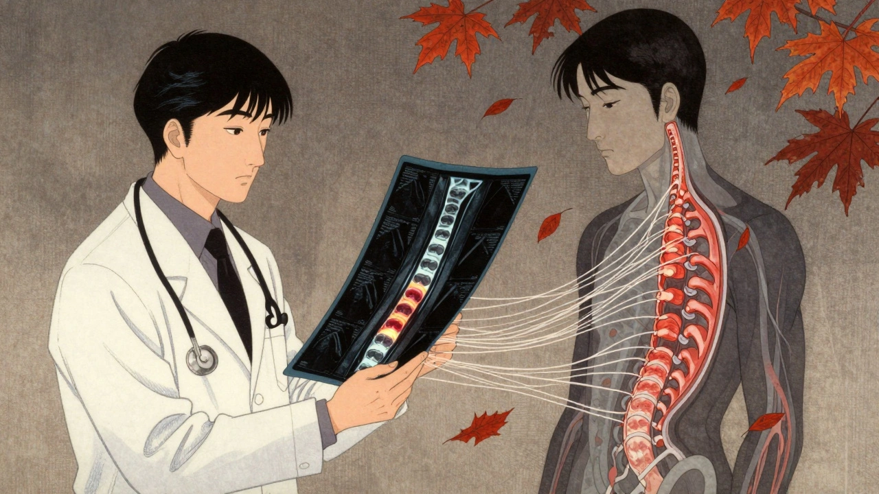 Doctor holding an MRI showing a compressed spinal cord, patient standing beside with transparent nerves.
