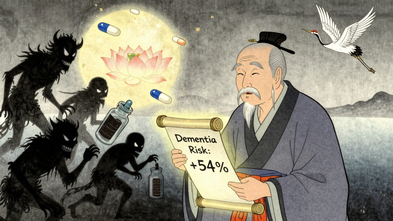 Elder holding dementia risk scroll, anticholinergic demons emerging, lotus-like pills floating, ukiyo-e style.
