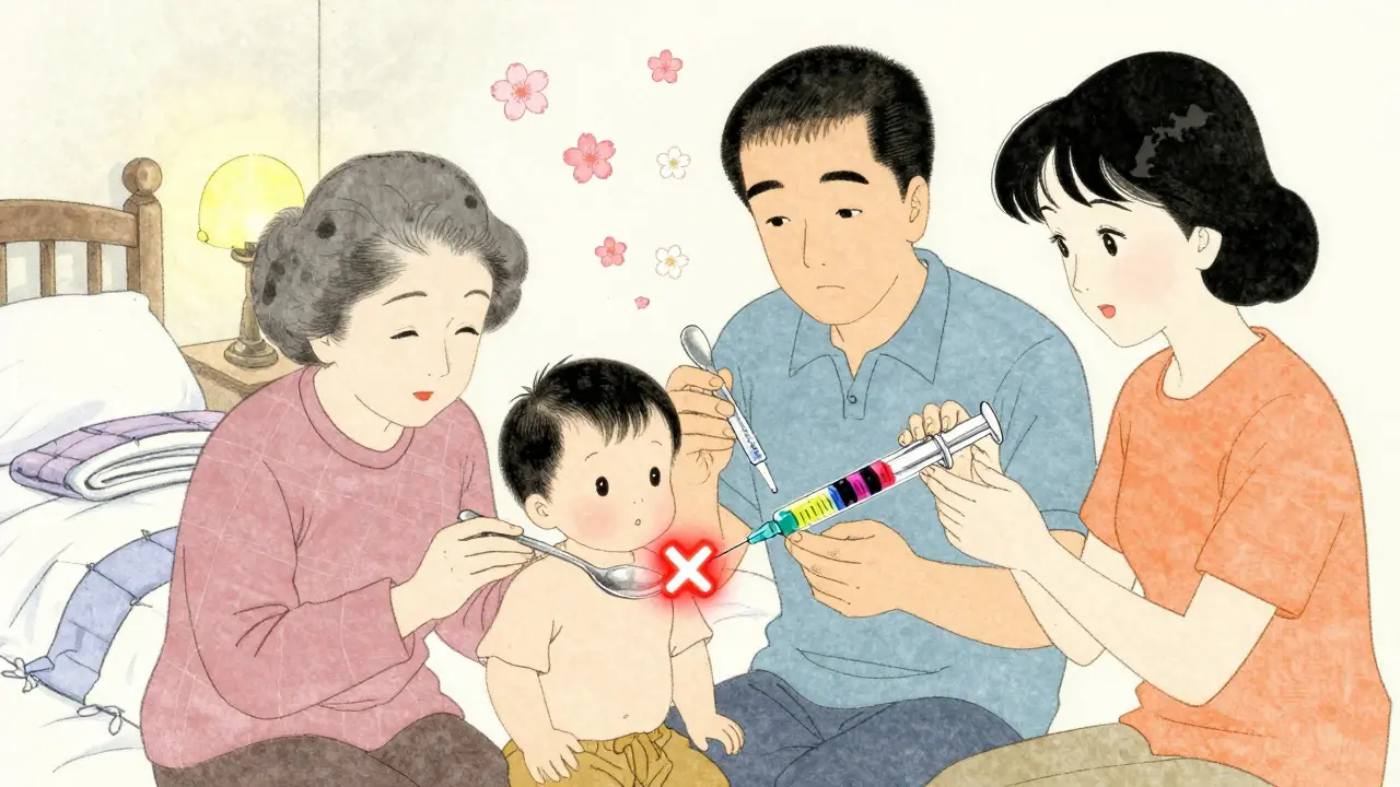 Family using correct dosing tools while kitchen spoon is marked with a red X for safety.