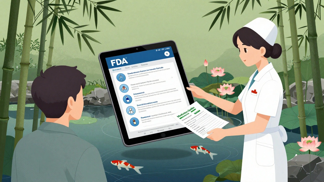 Floating digital label above a garden, nurse handing patient a medication guide.