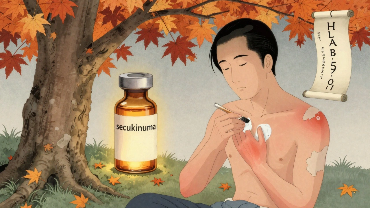 Patient healing under maple tree, peeling skin like autumn leaves, golden biologic vial glowing in background.