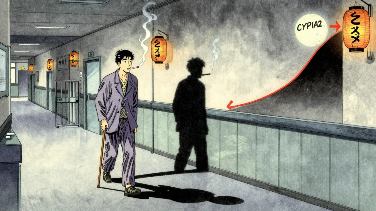 Patient quitting smoking, shadow splitting into safe and toxic theophylline levels.