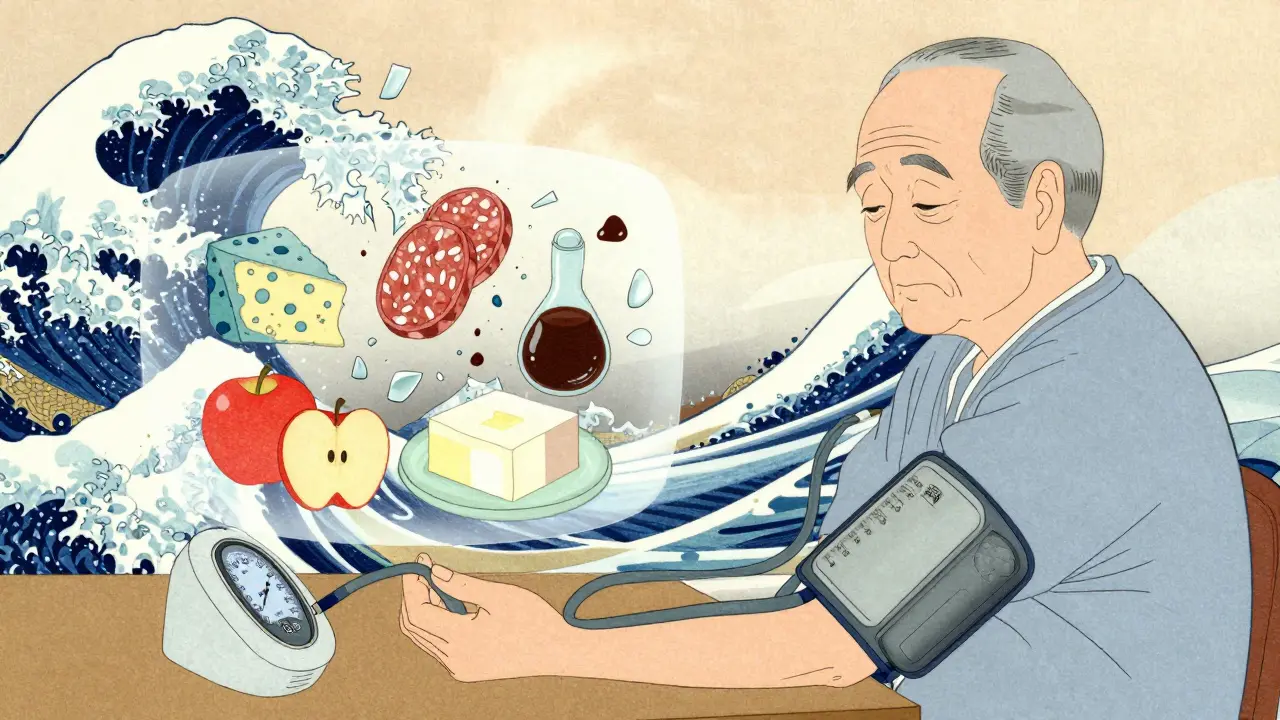 Person checking blood pressure as dangerous foods shatter around them in traditional Japanese art style.