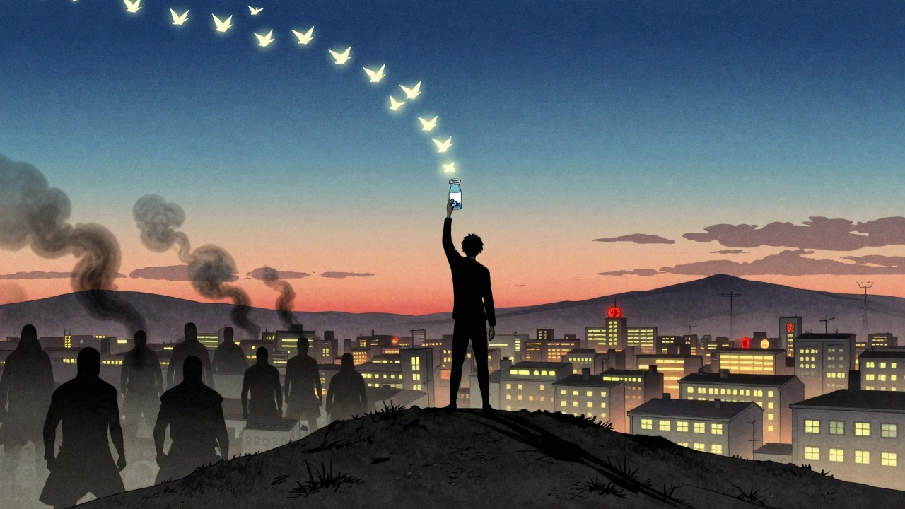 Person holding a pill bottle as verification codes rise like cranes above a city, symbolizing safety through vigilance.