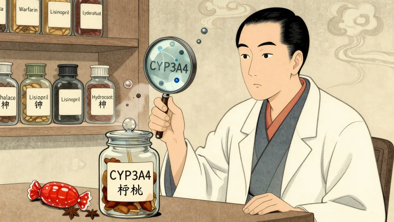 Pharmacist examines licorice root with magnifying glass, revealing hidden enzyme interactions, traditional Japanese aesthetic.