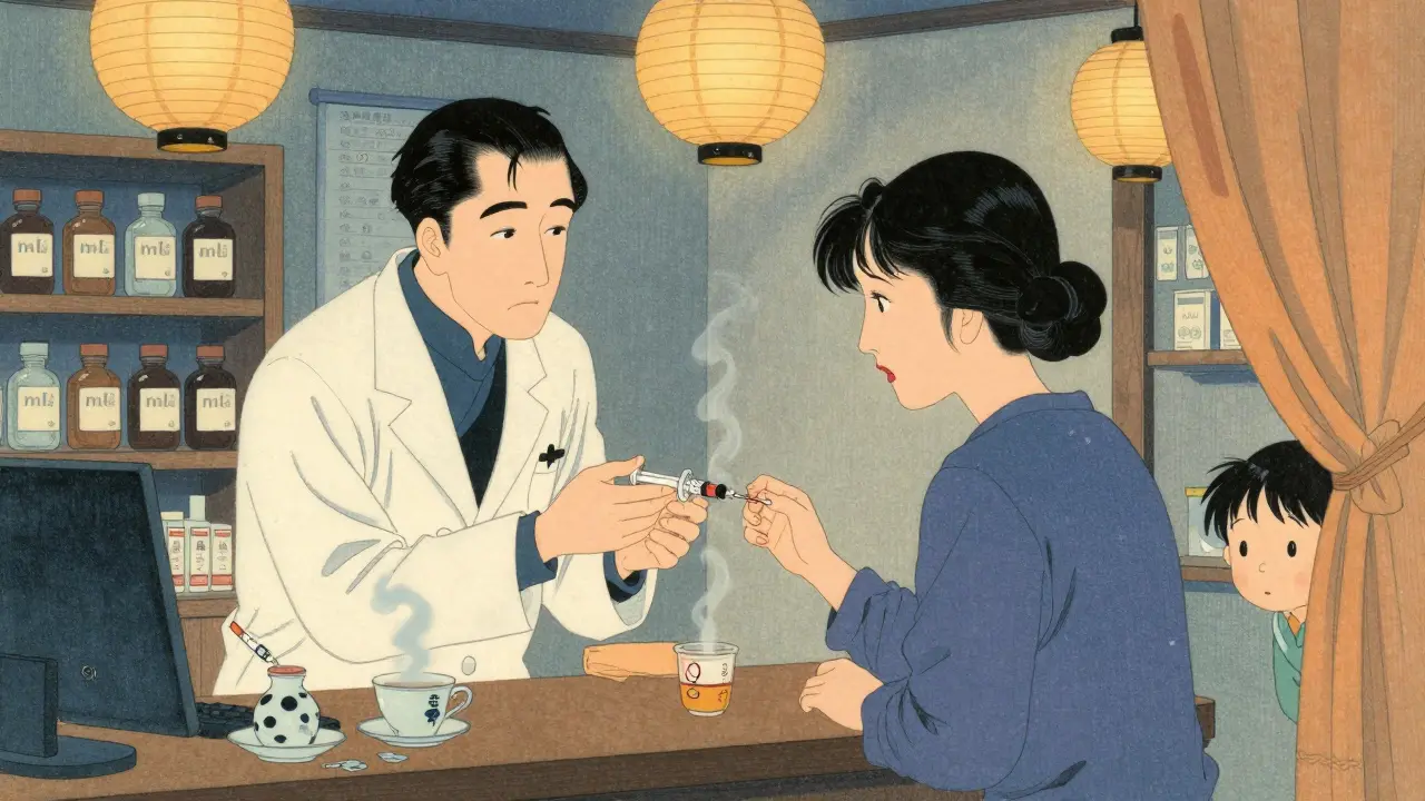 Pharmacist giving a free oral syringe to a mother in a traditional pharmacy environment.