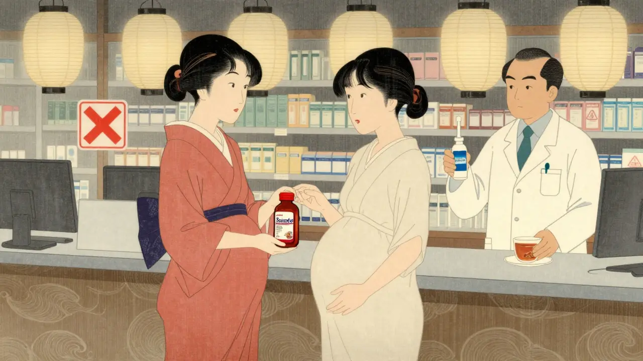 Pregnant woman at pharmacy choosing saline spray over Sudafed with warning symbols fading away.