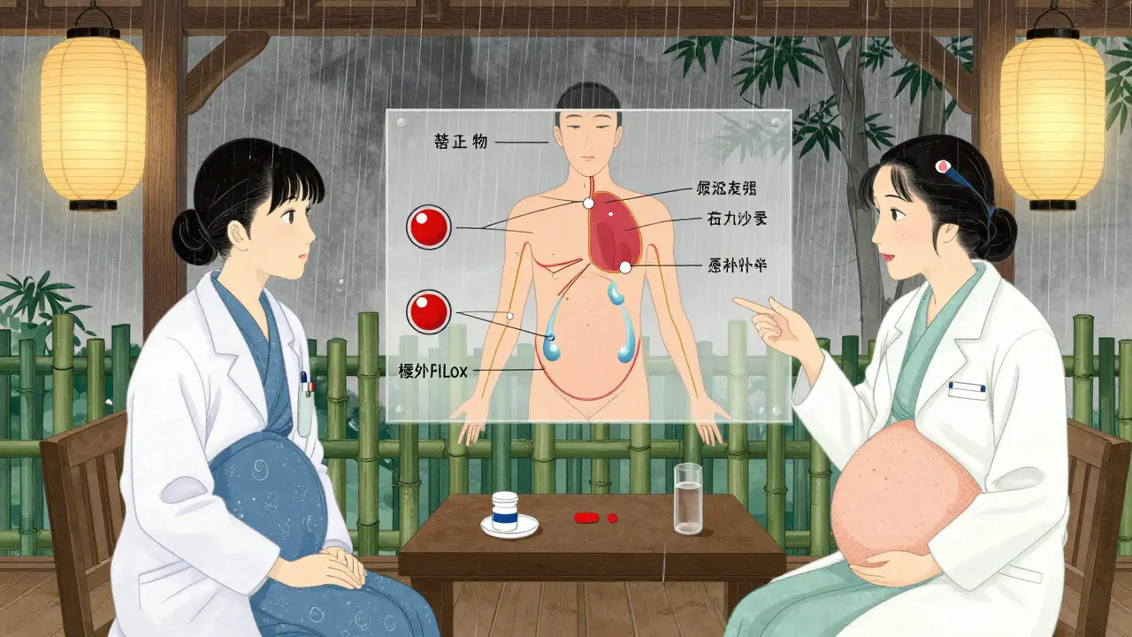 Pregnant woman consulting a dermatologist with a transparent body map showing safe topical absorption.