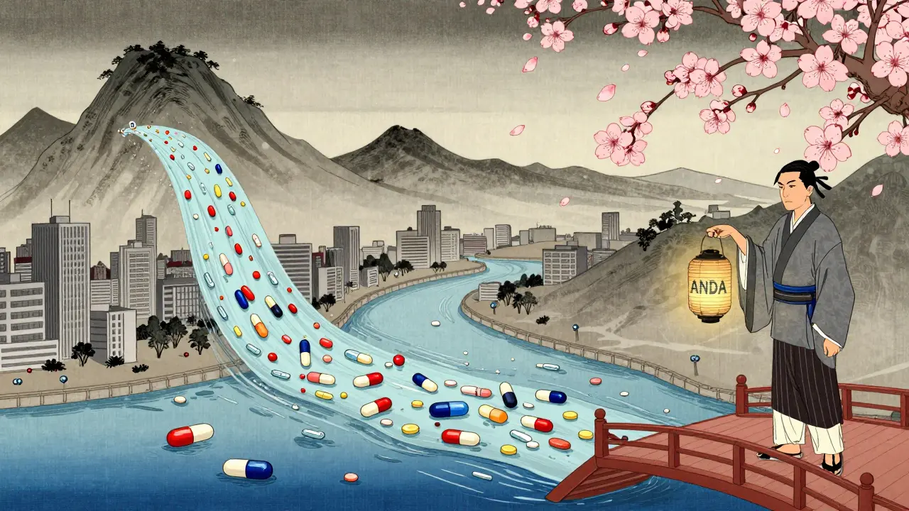 River of pills flowing to a city, 90% generic, FDA official with ANDA lantern under cherry blossoms.