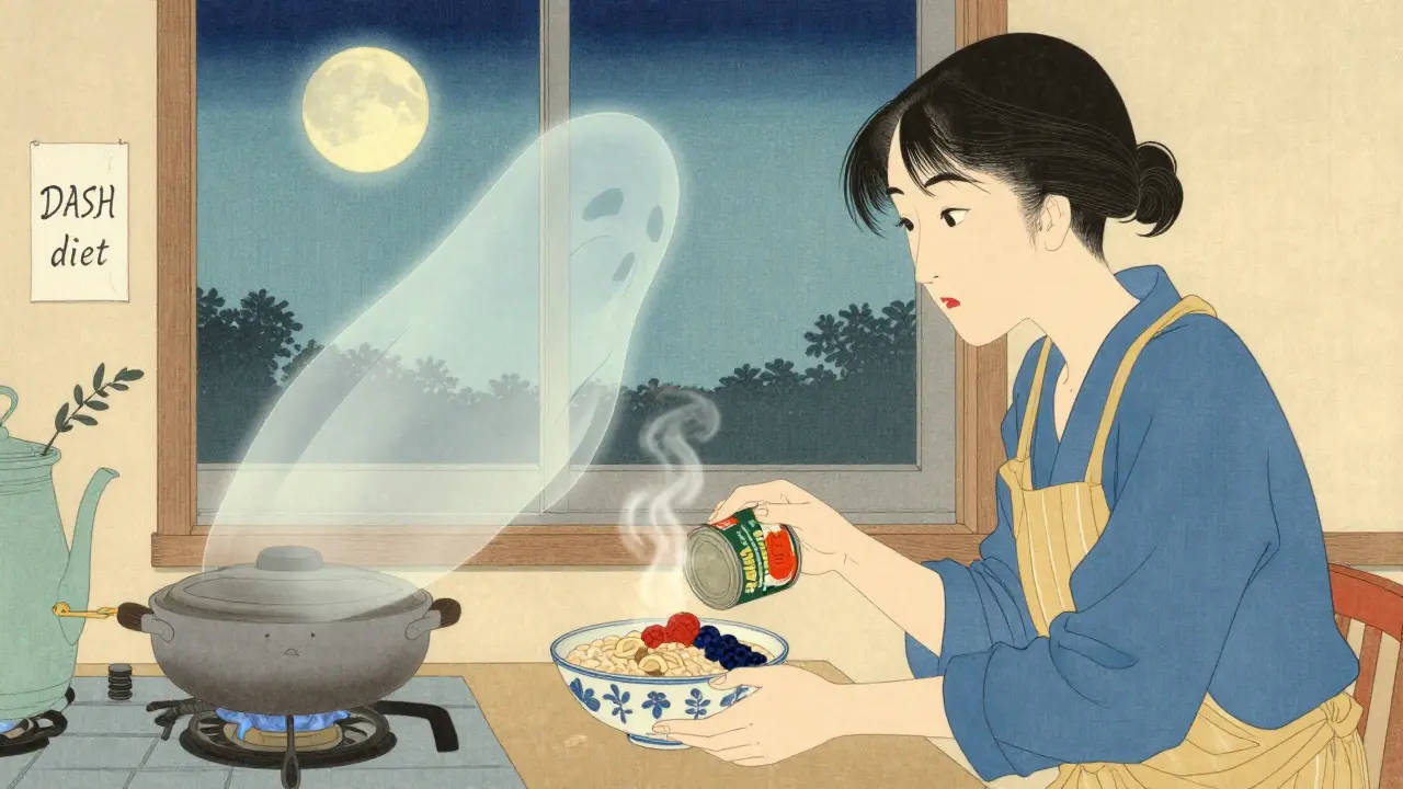 Someone swapping salty soup for healthy oatmeal, with a pill fading away, representing diet's power over medication.