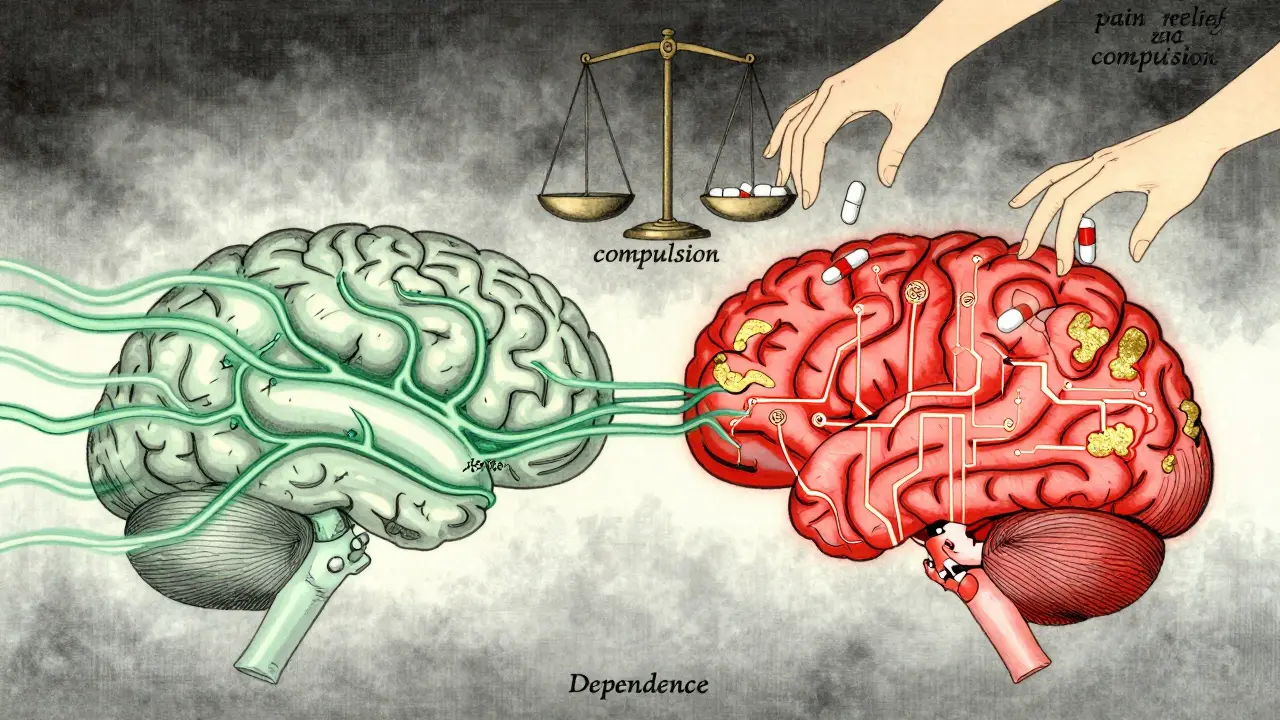 Split brain illustration showing physical dependence vs. addiction in ukiyo-e style