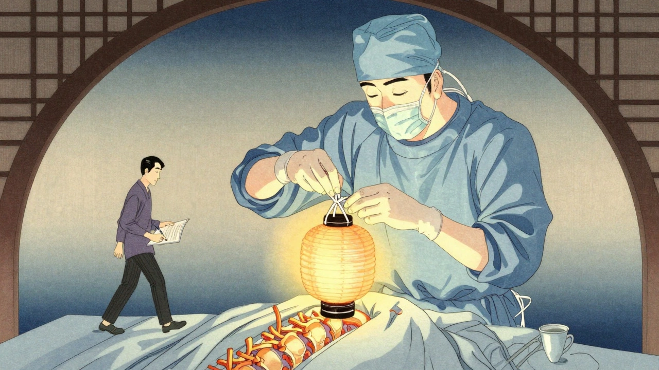 Surgeon performing neck surgery as a restored spinal cord glows beneath, symbols of regained function float above.