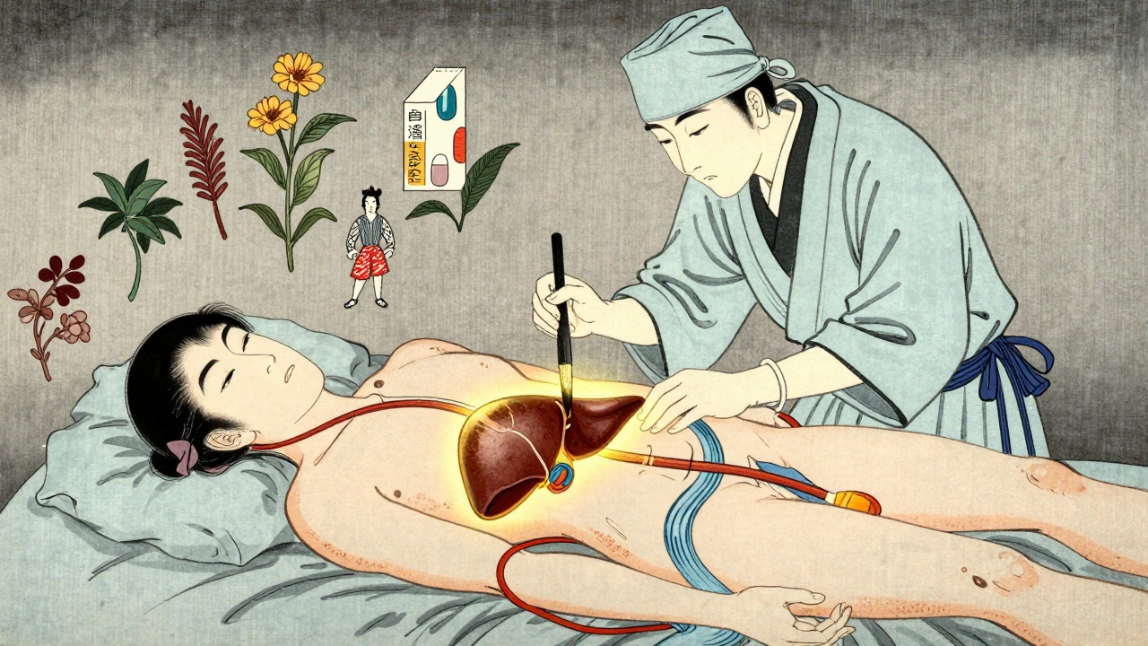Surgeon places a glowing donor liver with medicinal guardians, depicted in flowing Ukiyo-e style.