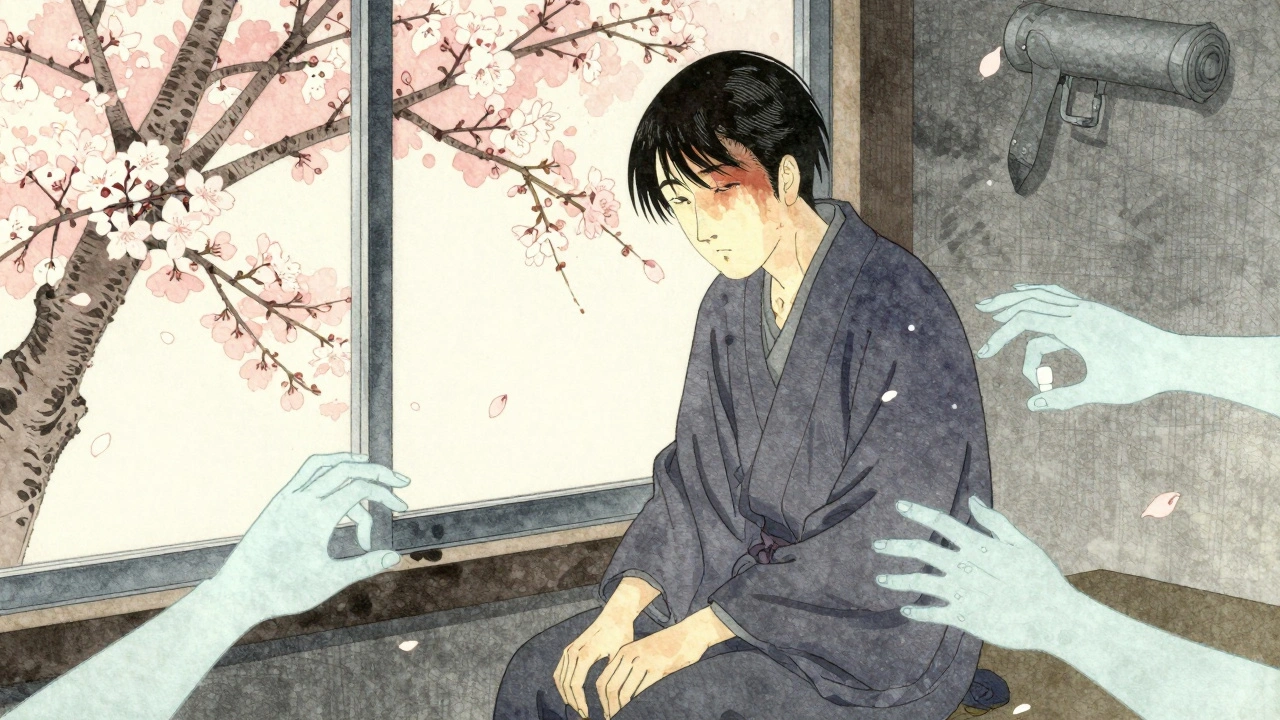 Survivor with discolored skin beside blooming cherry trees, petals falling as ashes in serene yet haunting scene.