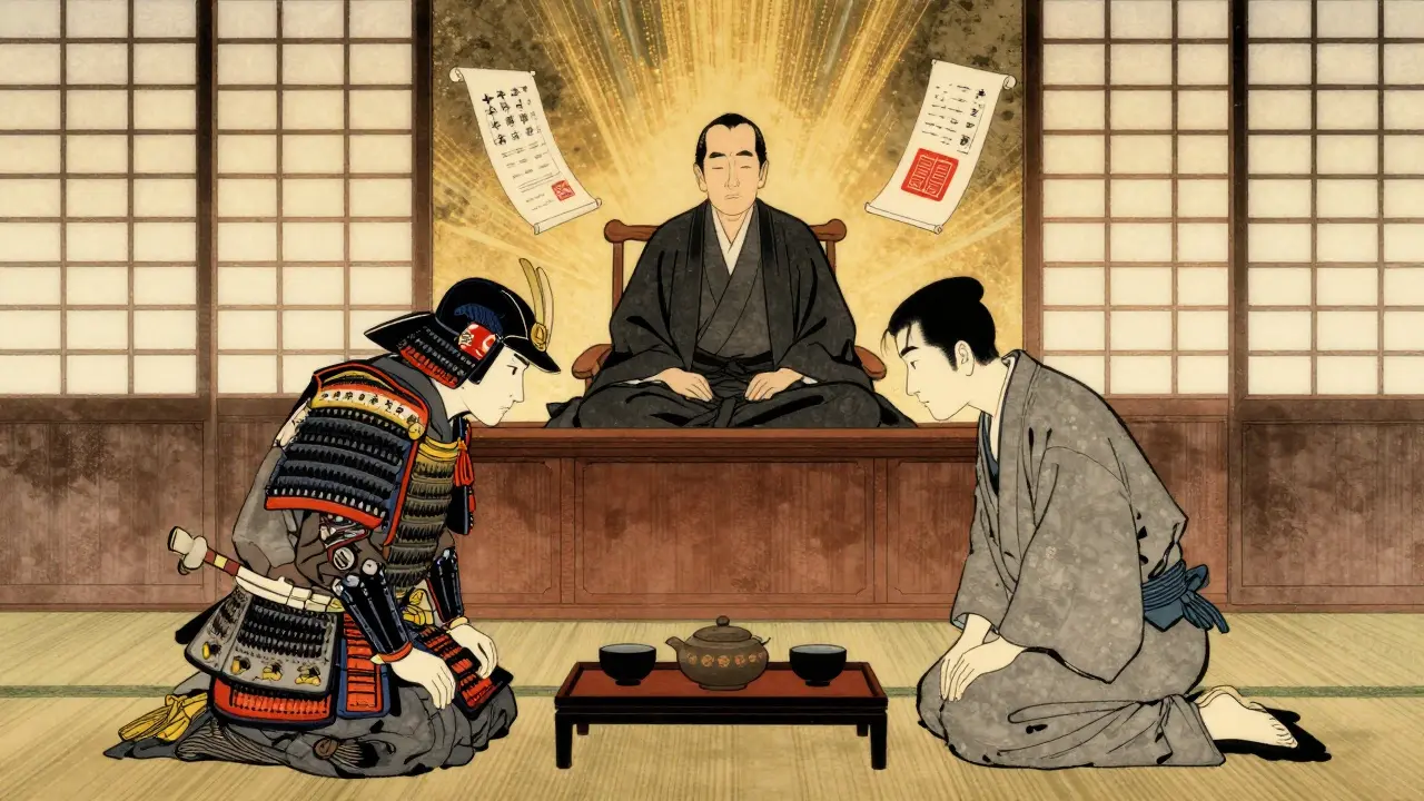 Tea ceremony courtroom with brand and generic warriors bowing before a Zen-like judge.