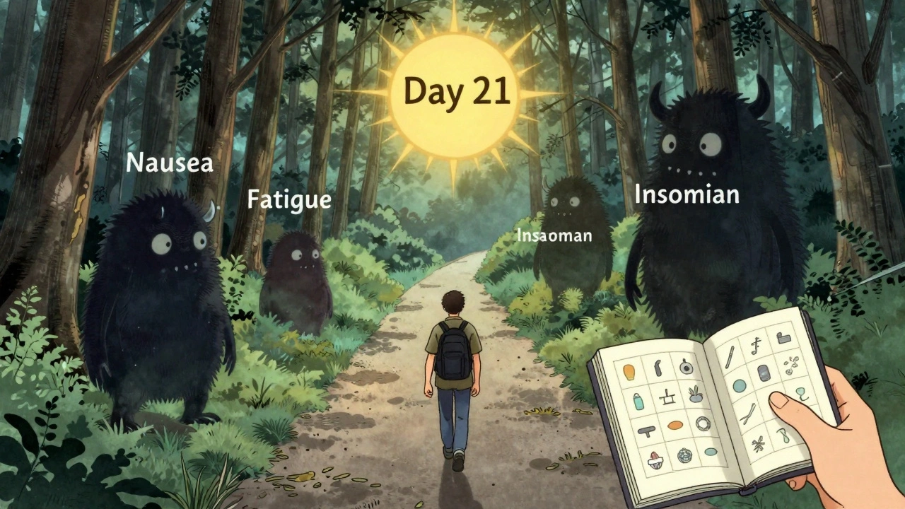 Traveler walking a path as side effect monsters fade behind them toward a rising sun labeled Day 21.