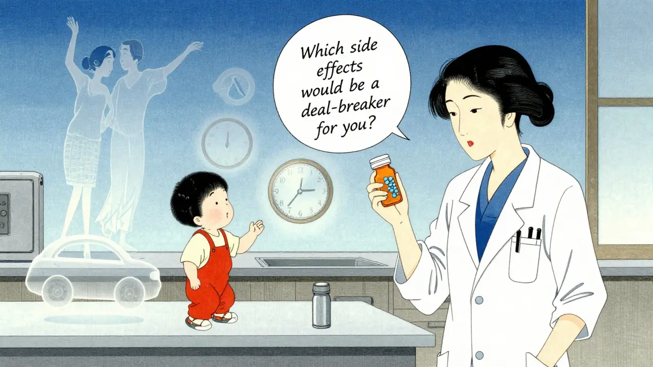 Woman surrounded by symbols of daily life—dancing, grandchildren, clock, car—while doctor’s question appears as calligraphy.