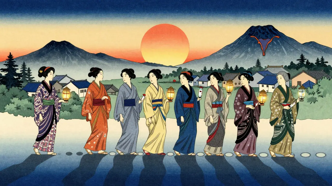 Women of all ages walking toward sunrise carrying vaccine and test lanterns in a symbolic procession.