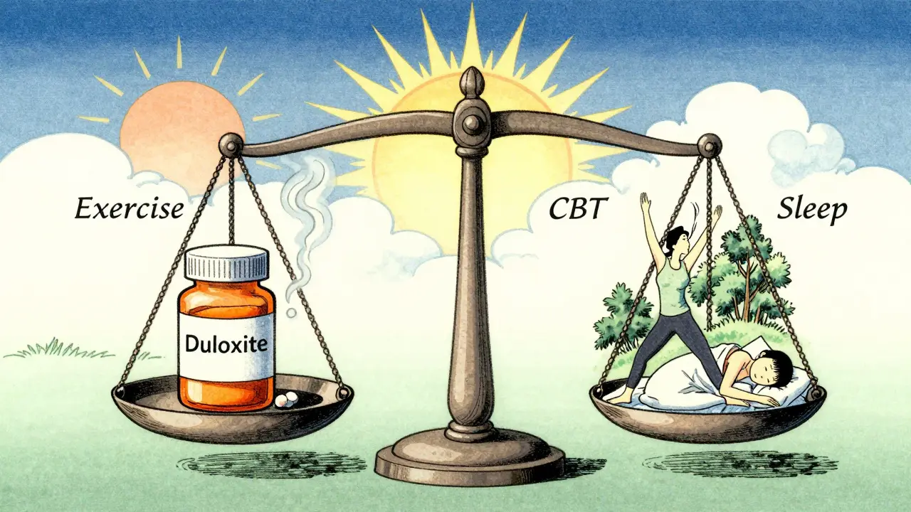 A balanced scale showing medication side effects versus healthy activities like yoga and sleep.