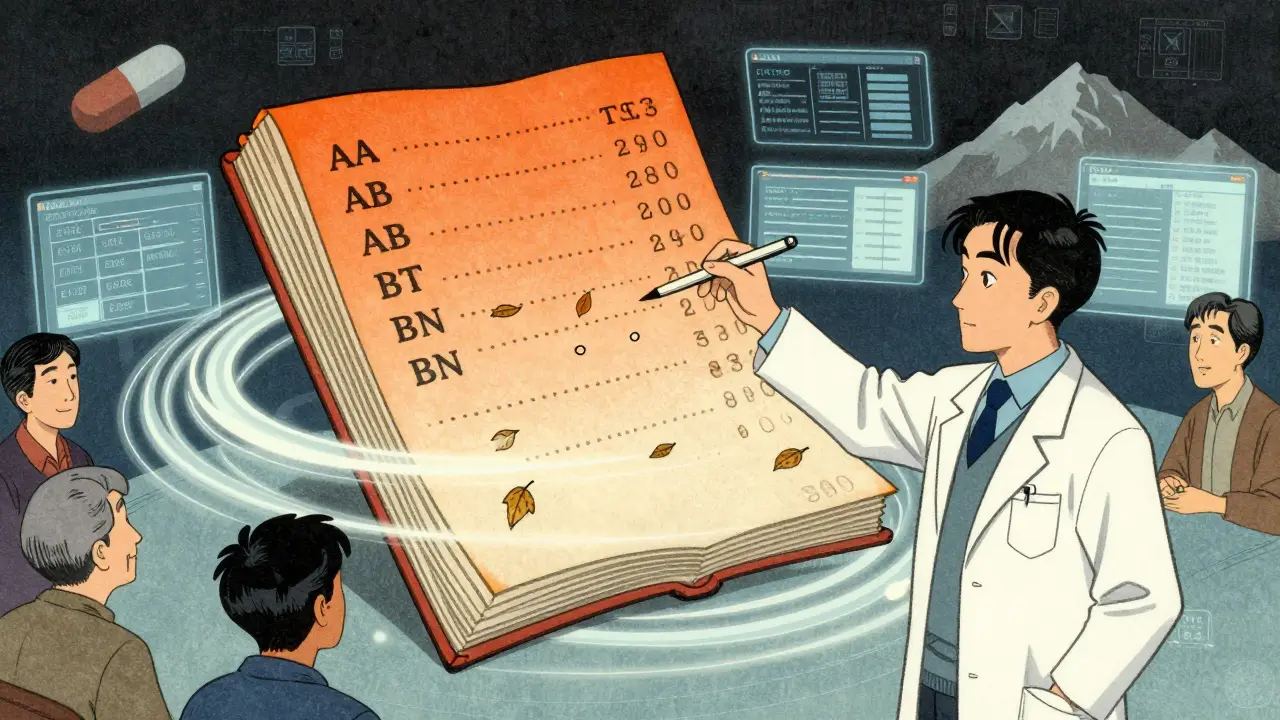 A digital Orange Book floats as a woodblock print with animating TE codes, connected to EHR screens in a modern pharmacy scene.
