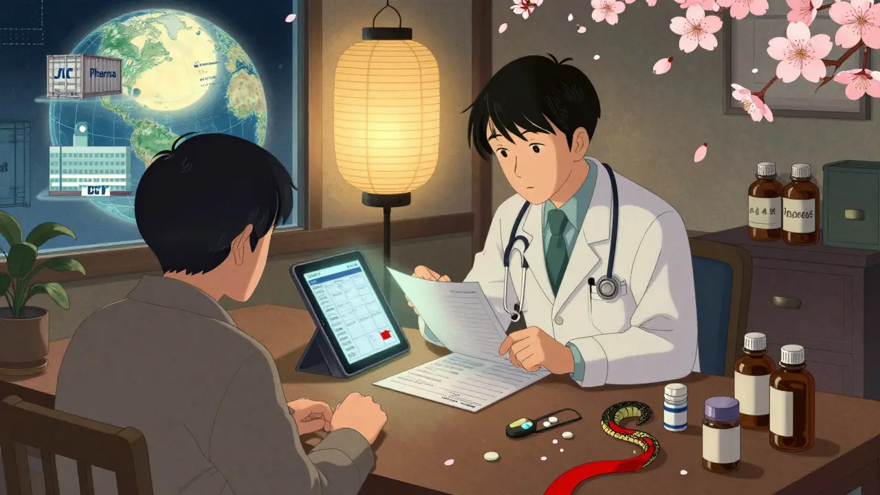 A doctor reviews international meds under a lantern-globe, cherry blossoms falling as warning ribbon curls nearby.