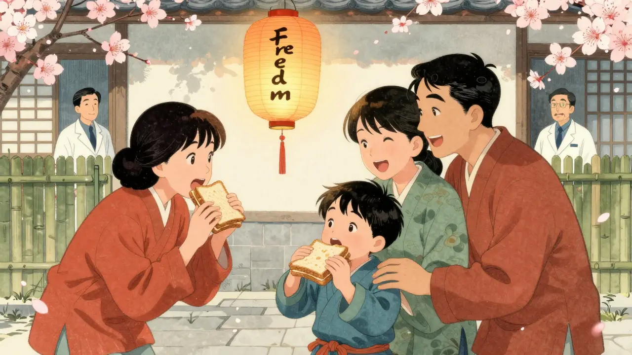 A family celebrates as a child eats peanut butter openly, surrounded by falling cherry blossoms and a glowing lantern.