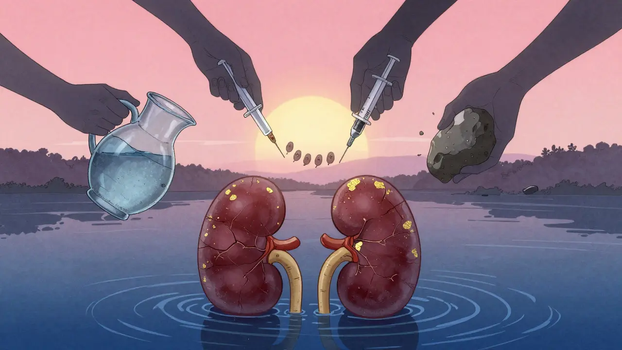 A floating cracked kidney in a river with hands offering remedies, under a rising sun in traditional Japanese art style.