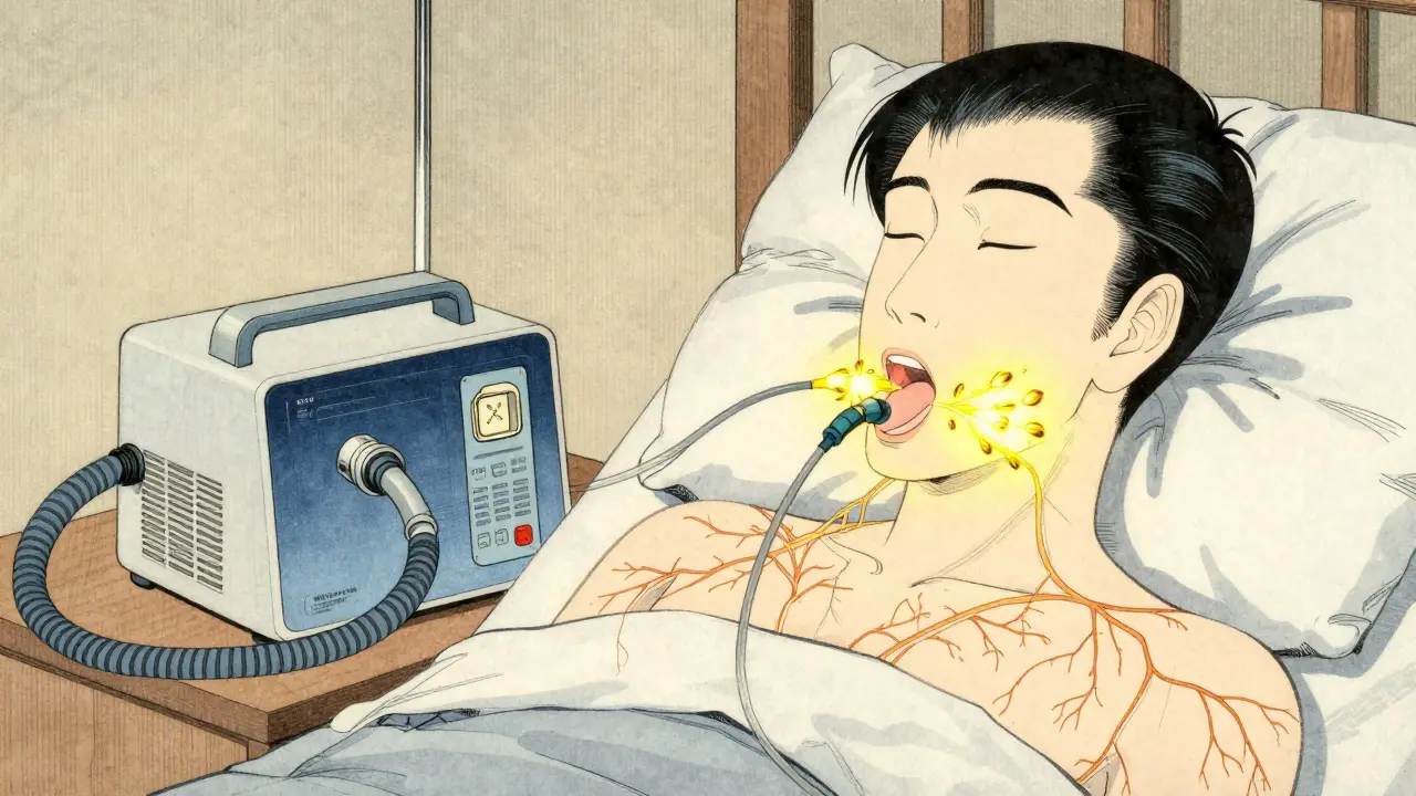 A golden nerve stimulator glows under the jaw, with CPAP machine nearby, all rendered in delicate ukiyo-e brushwork.