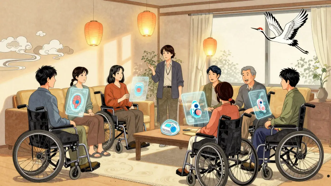 A group of individuals with spinal injuries sharing support in a home setting, with floating tech interfaces and a crane flying outside.
