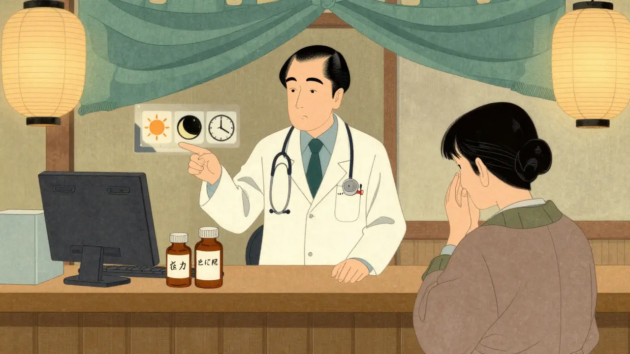 A medical translator showing clear pictograms on a pill bottle to a patient, with sun and moon icons.