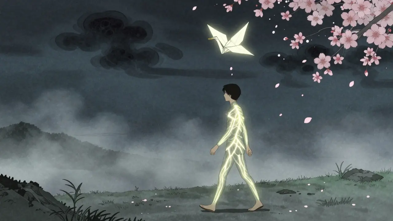 A person walking through mist, neural pathways glowing as paper crane carries away pain clouds.