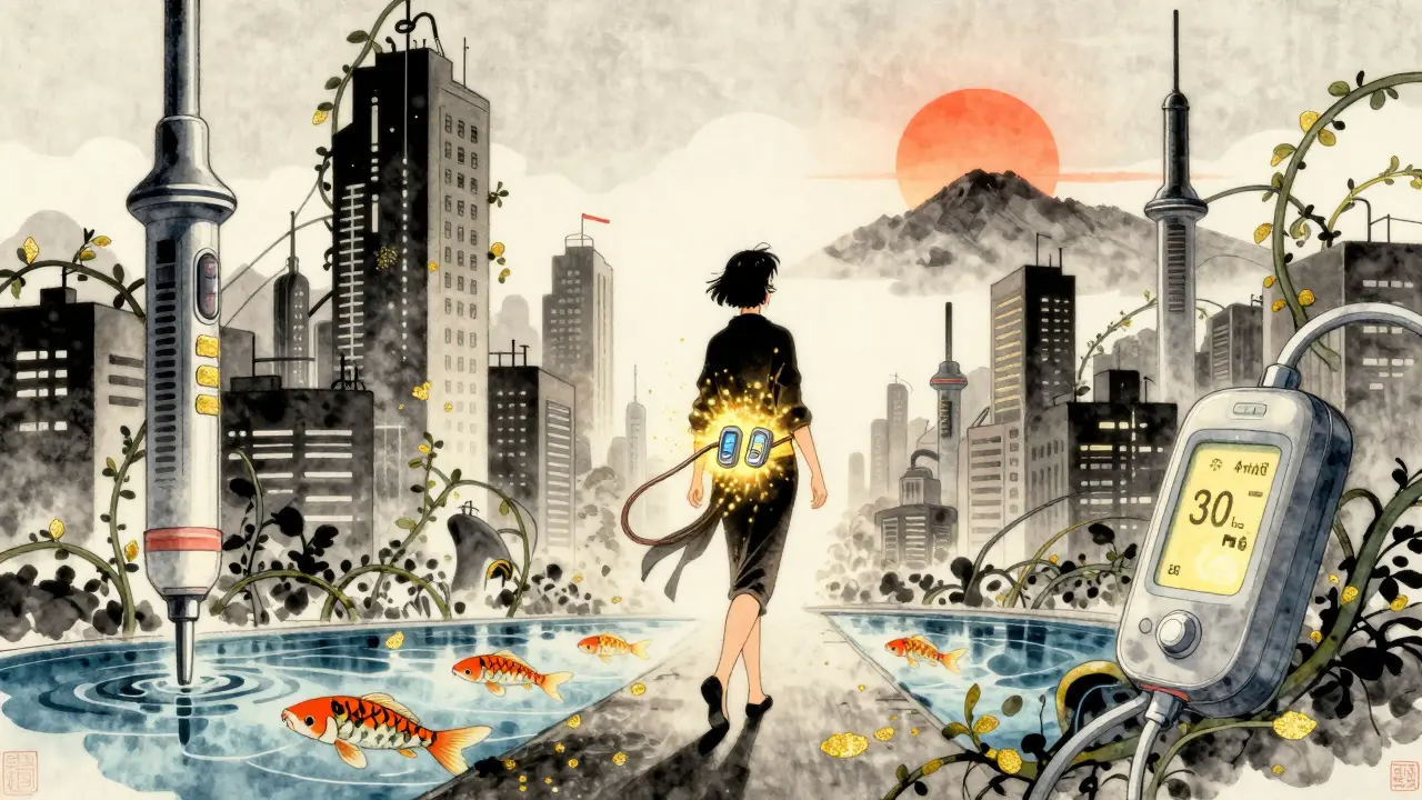 A person walks through a city of medical symbols, with data streams like koi fish and a dual-hormone device glowing at their waist.