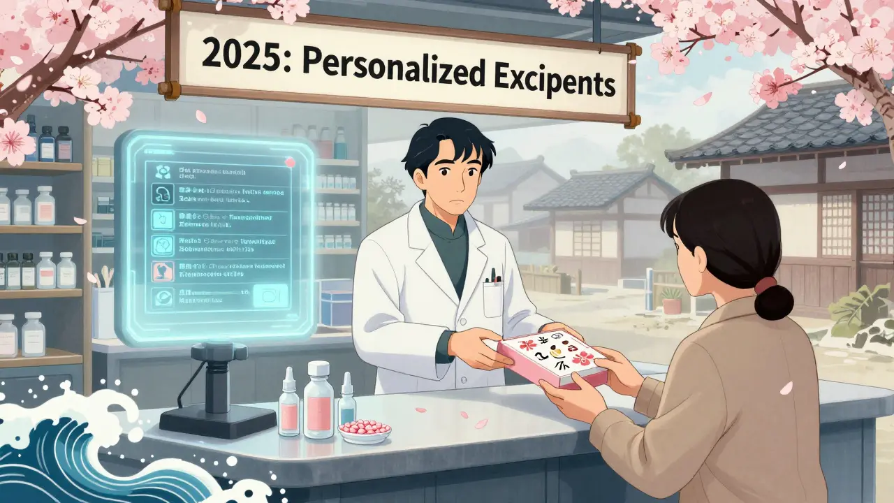 A pharmacist hands a patient a pill box with ingredient glyphs, as an AI screen displays personalized tolerance profiles in a misty Edo-style town.