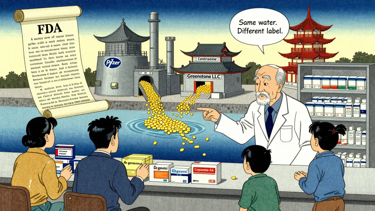 A pharmacy counter with authorized generic pills flowing from three factories, under a scroll announcing FDA transparency rules.