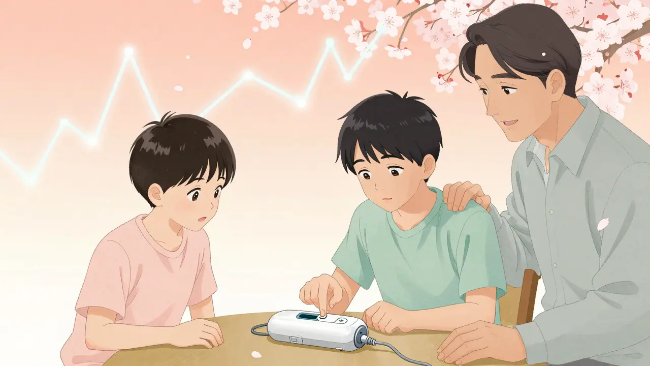 A teenager presses a button on a crane-shaped insulin pump as glucose trends float like cherry blossoms around them.