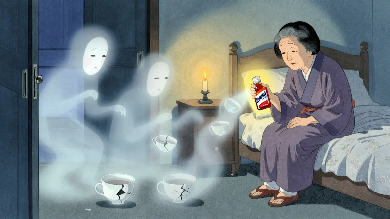 An elderly woman surrounded by anticholinergic spirits emerging from a medicine bottle.