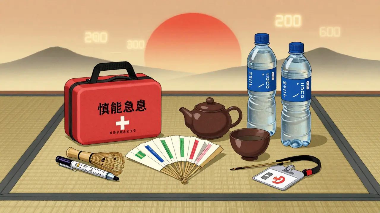 An emergency kit arranged like a tea ceremony with insulin, ketone strips, and water, under a rising sun with glowing blood sugar numbers.