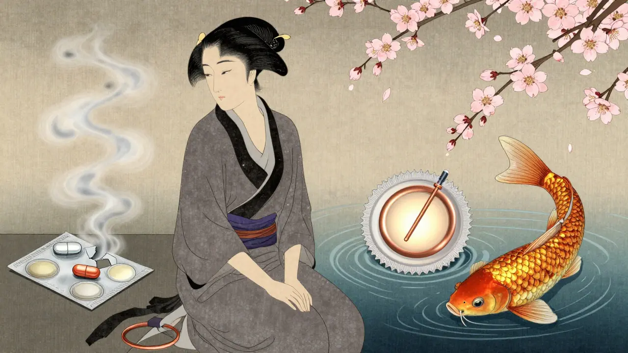 Contrasting birth control methods: broken pills vs. glowing IUD and implant in a serene pond.