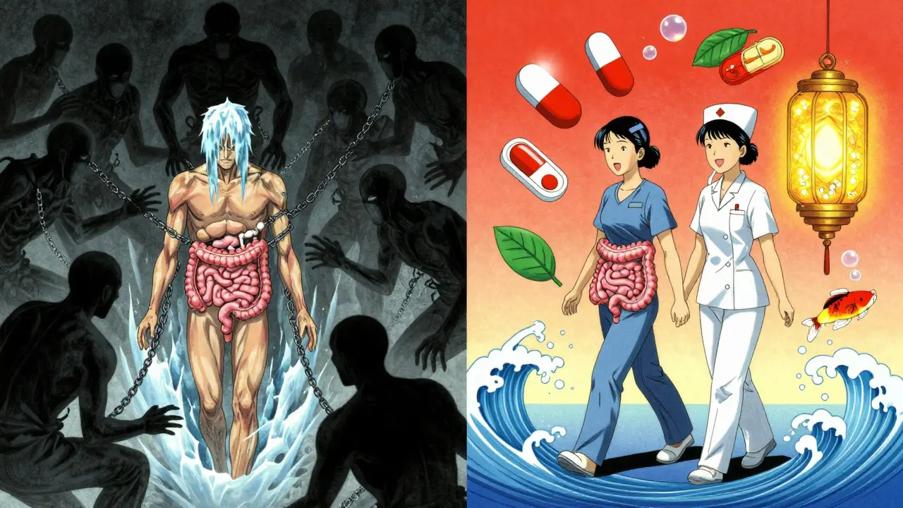 Contrasting scenes: opioid chains freezing the gut vs. ERAS elements like walking, gum bubbles, and glowing pain meds restoring motion.