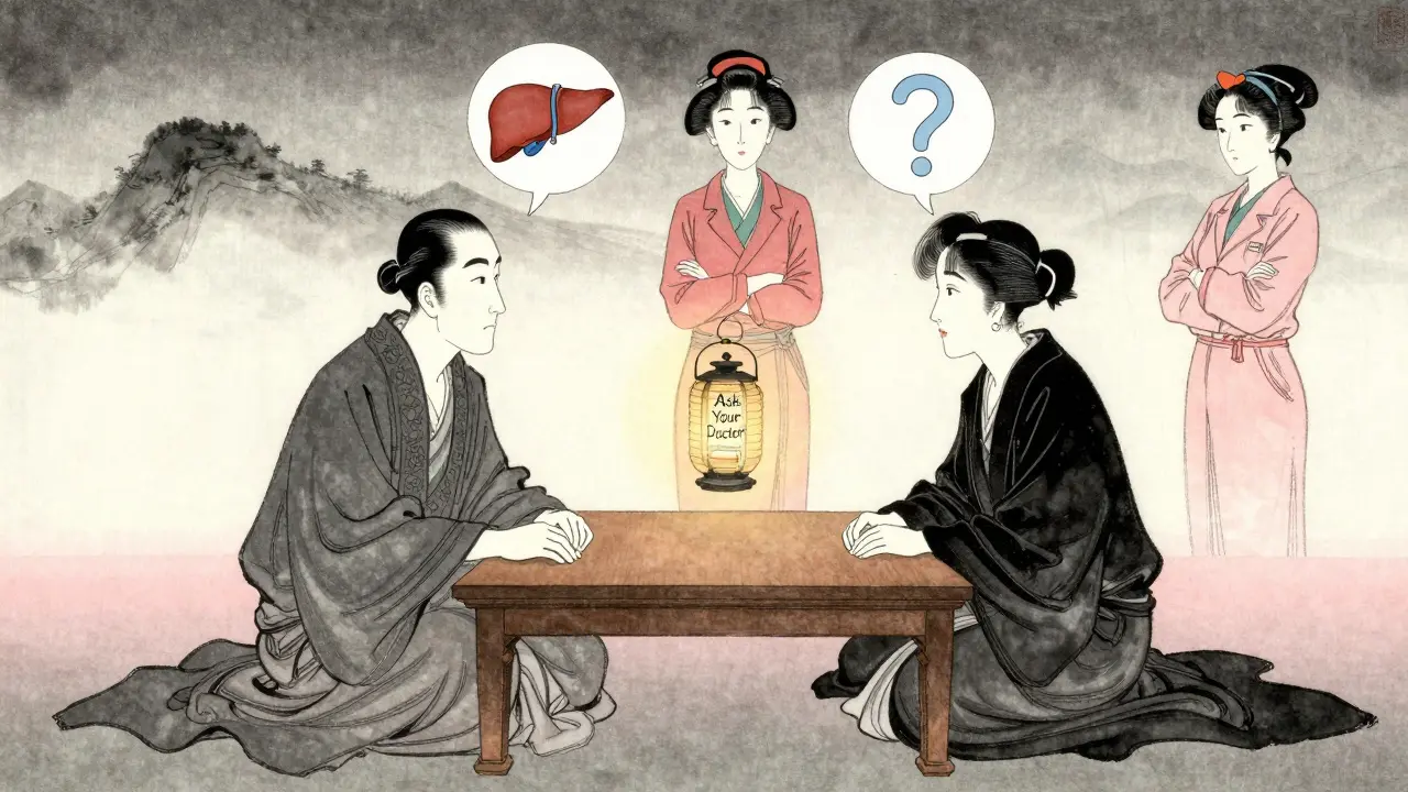 Doctors and patient together with medical icons floating above, holding a lantern that says 'Ask Your Doctor'.