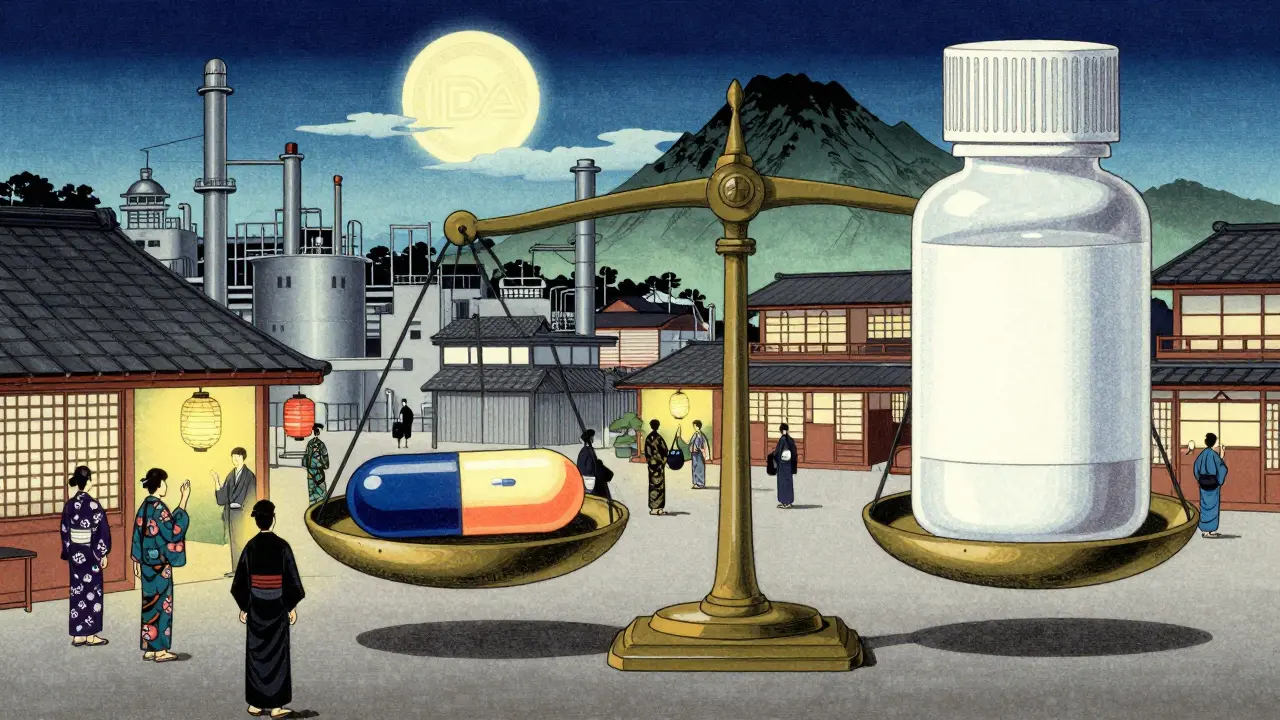 Factory workers inspecting pills under lanterns, a scale balancing brand and generic pills perfectly level.