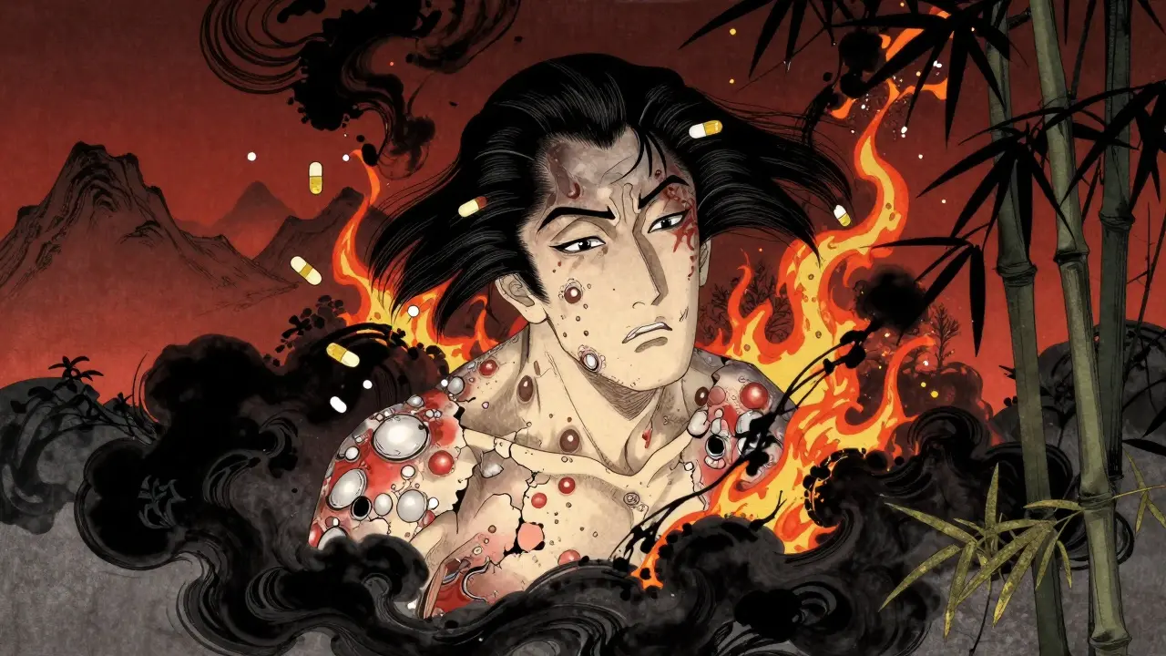 Figure with peeling skin and blistering, framed by falling pills and dark clouds.
