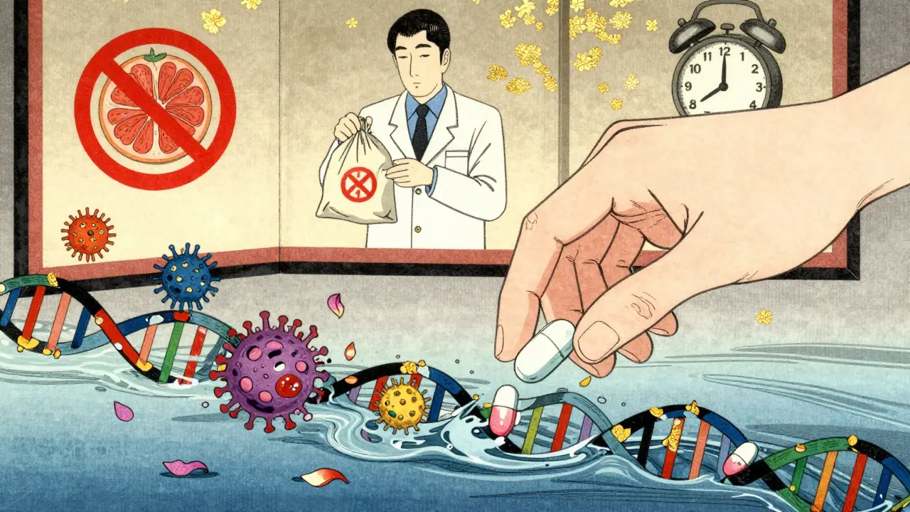 Hand placing pill into DNA river with symbolic warnings of food interactions and disposal