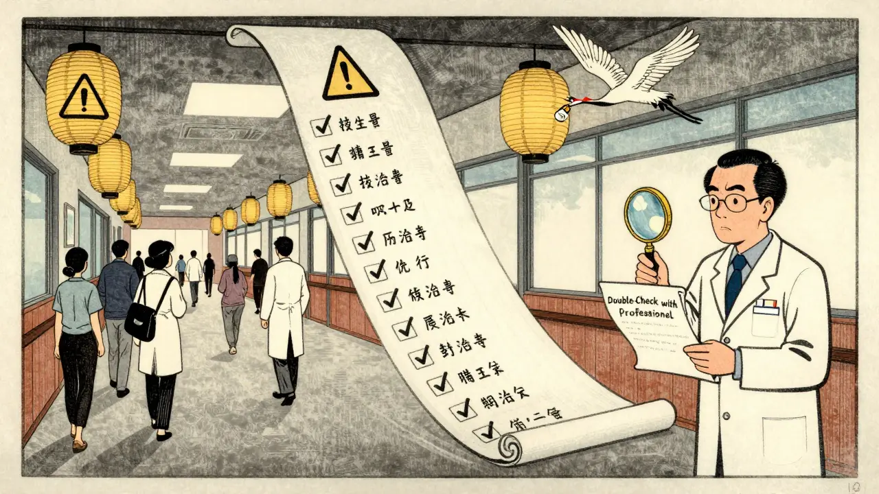 Hospital hallway as a woodblock print with warning icons and a pharmacist checking a scroll.