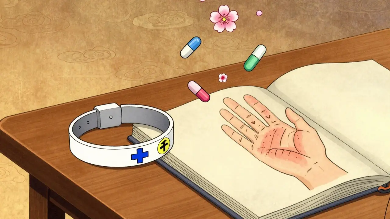 Medical alert bracelet and journal with drug icons floating like cherry blossoms.