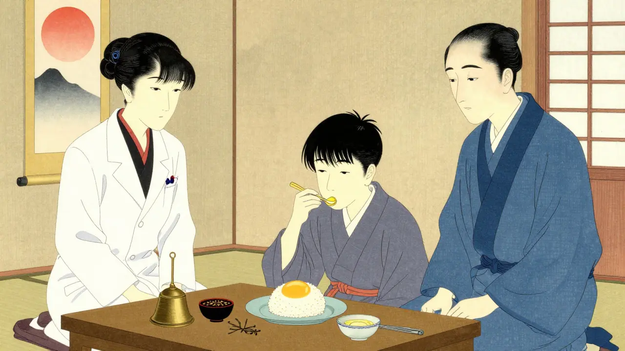 Medical staff monitor a teen consuming egg in a tea room setting, with traditional Japanese decor and soft lighting.