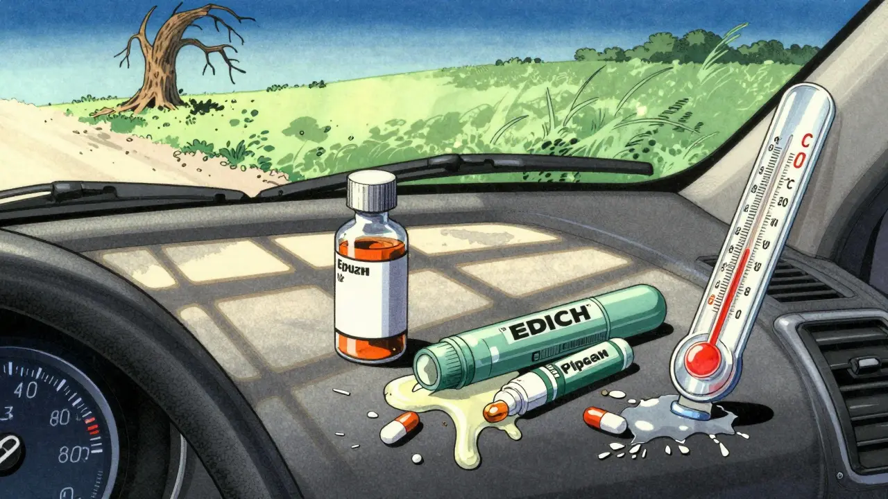 Medications melting on a hot car seat under blazing sun, with a high temperature reading.
