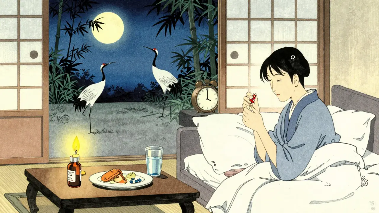 Nighttime scene of someone taking thyroid medication beside bed, with dinner far away and candlelight glowing.