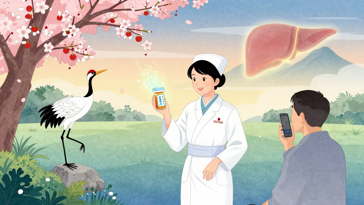 Nurse with smart pill bottle and crane messenger in a garden clinic with pill-blooming trees