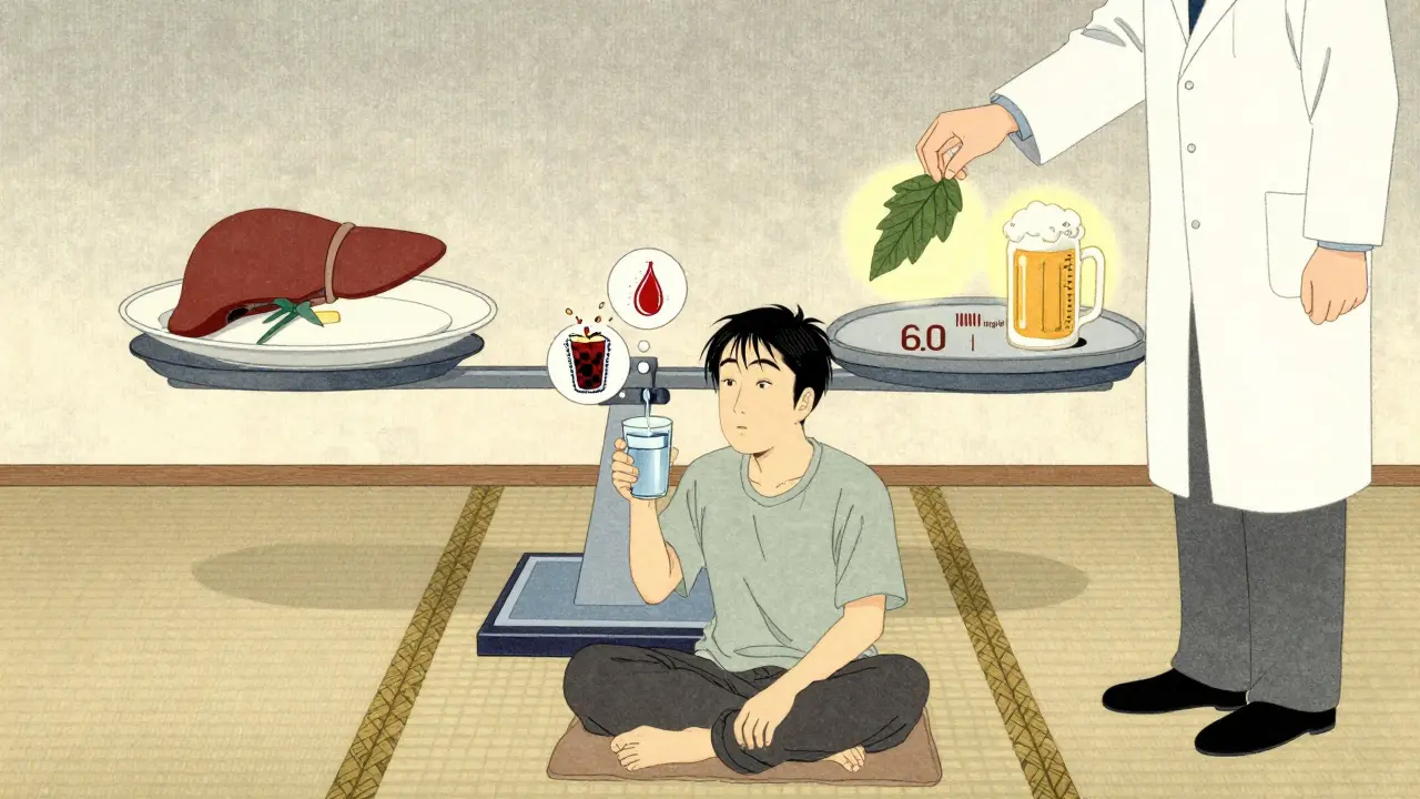 Patient on tatami with floating health icons, balancing diet against uric acid target in ukiyo-e inspired illustration.